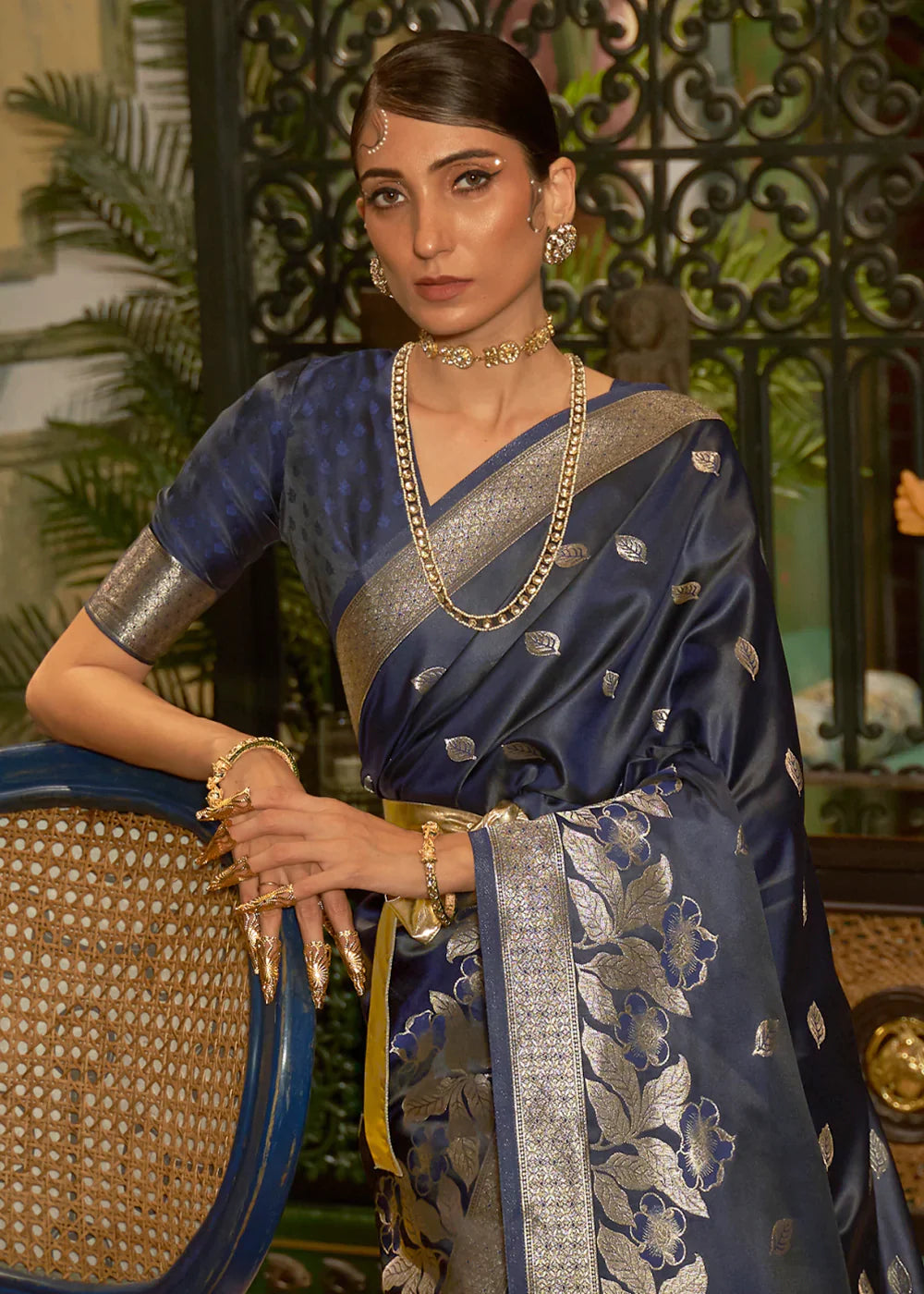 French Navy Blue Zari Woven Satin Silk Saree