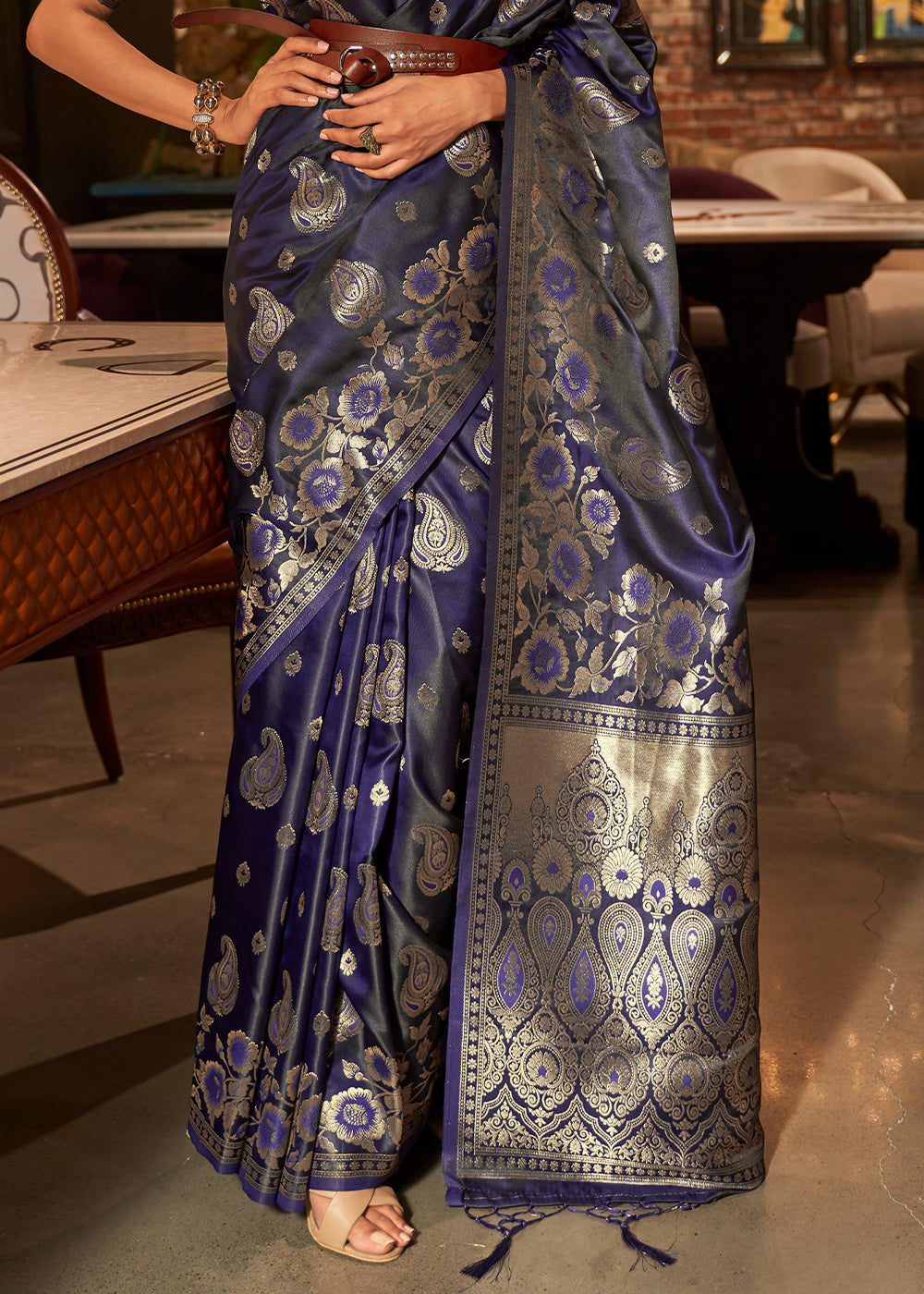 Indigo Blue Handloom Woven Satin Silk Saree