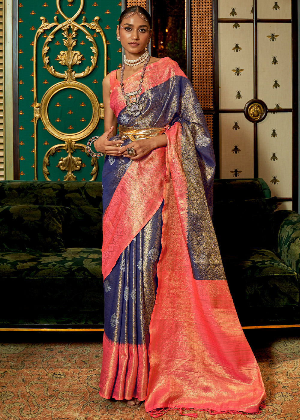 Blue & Pink Zari Woven Silk Saree with Tassels on Pallu