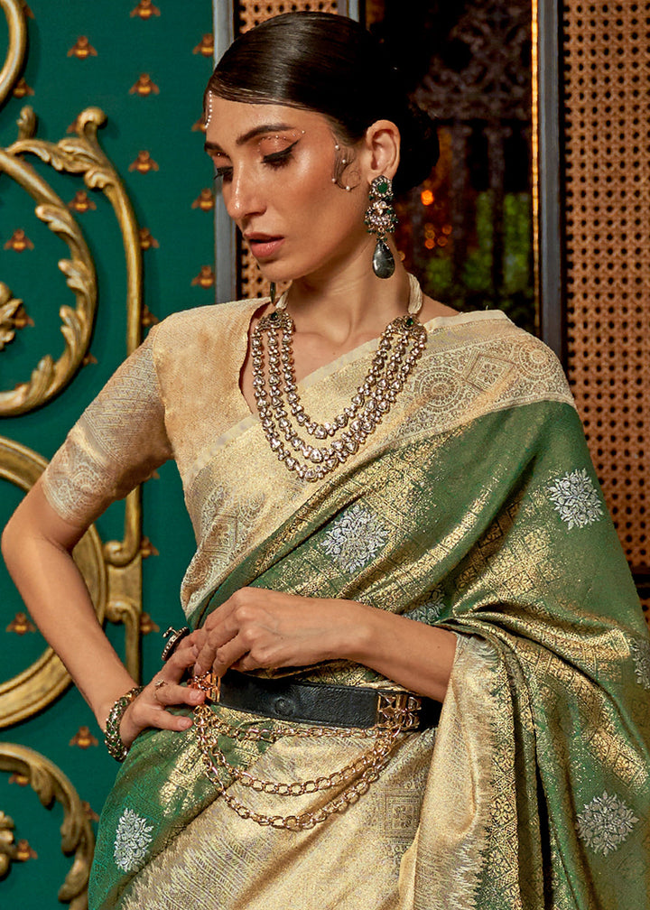 Green & Golden Zari Woven Silk Saree with Tassels on Pallu