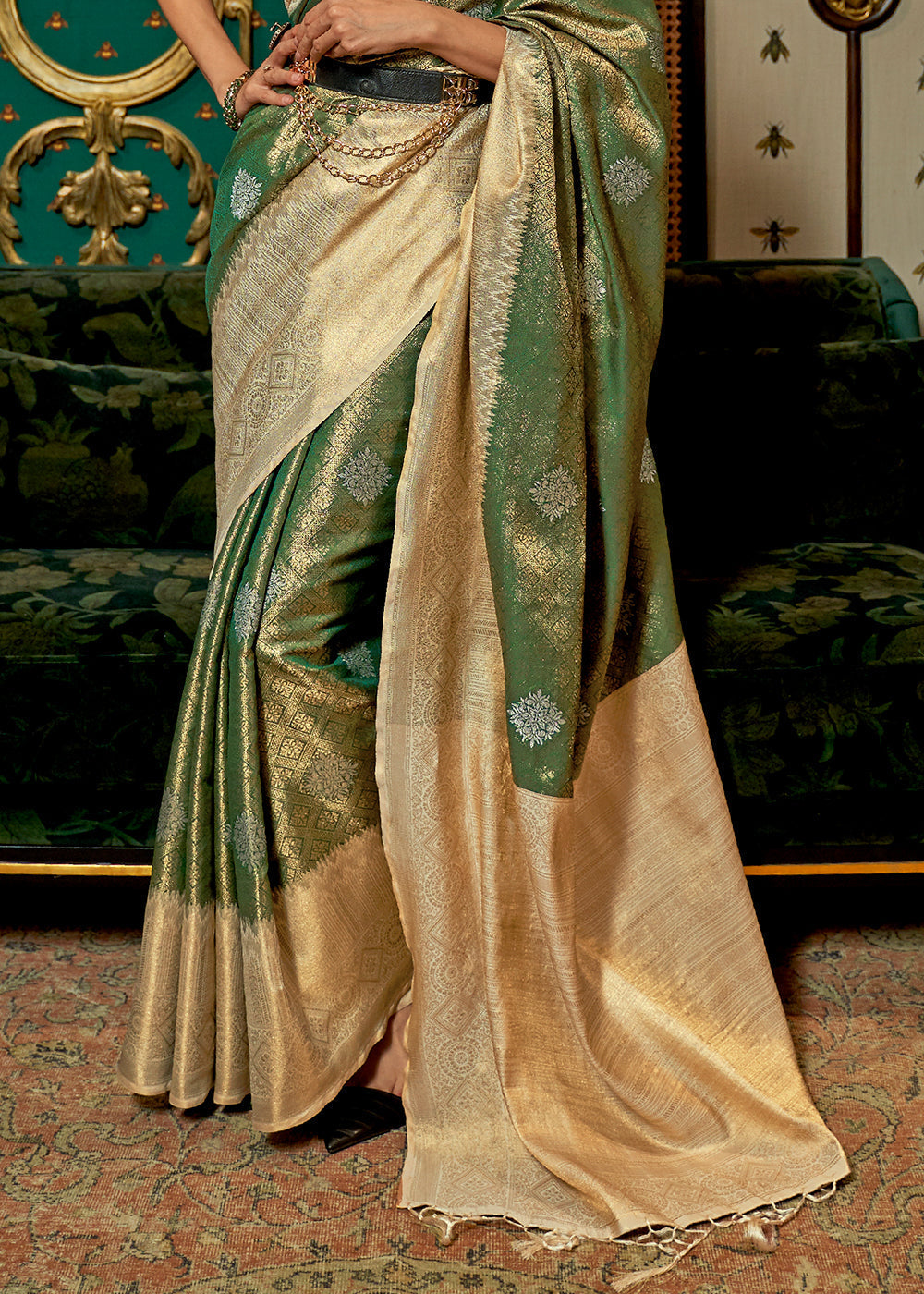 Green & Golden Zari Woven Silk Saree with Tassels on Pallu