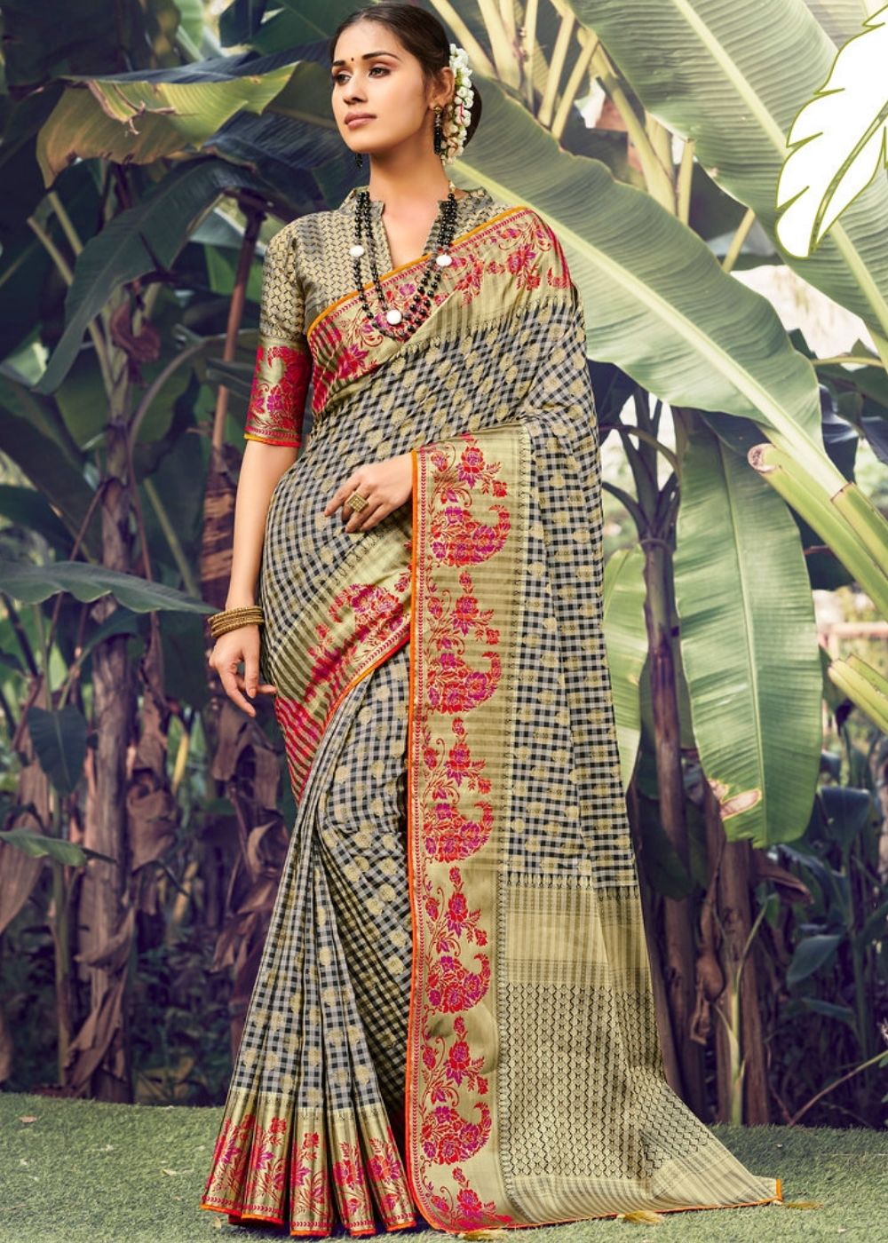 Fog Black Zari Woven Checkered Banarasi Silk Saree