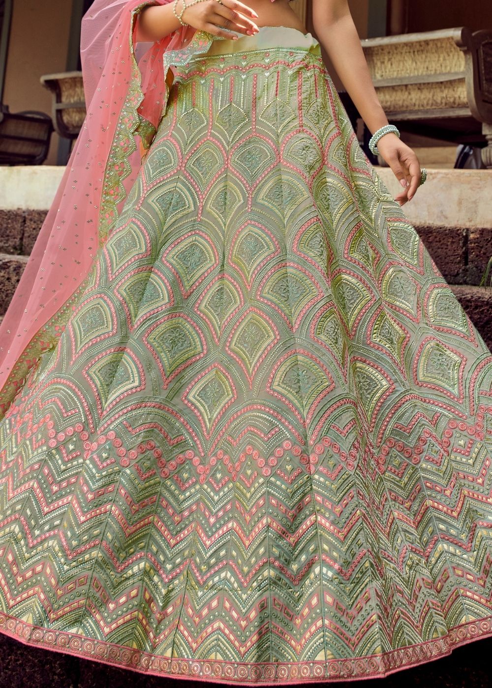 Pista Green Organza Lehenga Choli with Gota & Resham work