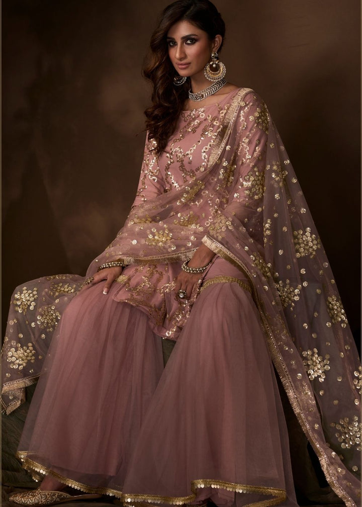 Rose Pink Designer Soft Net Sharara Suit with Sequin and Thread work