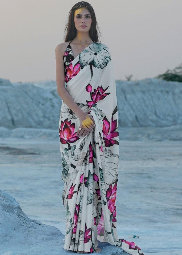 Daisy White Digital Printed Crepe Silk Saree