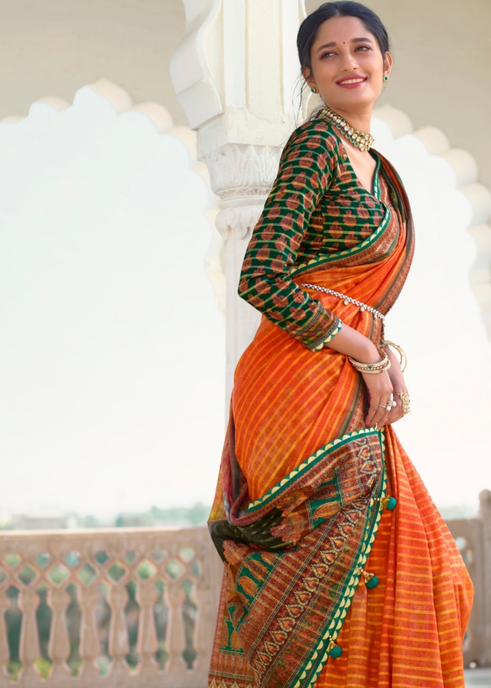 Fire Orange Digital Print Silk Saree