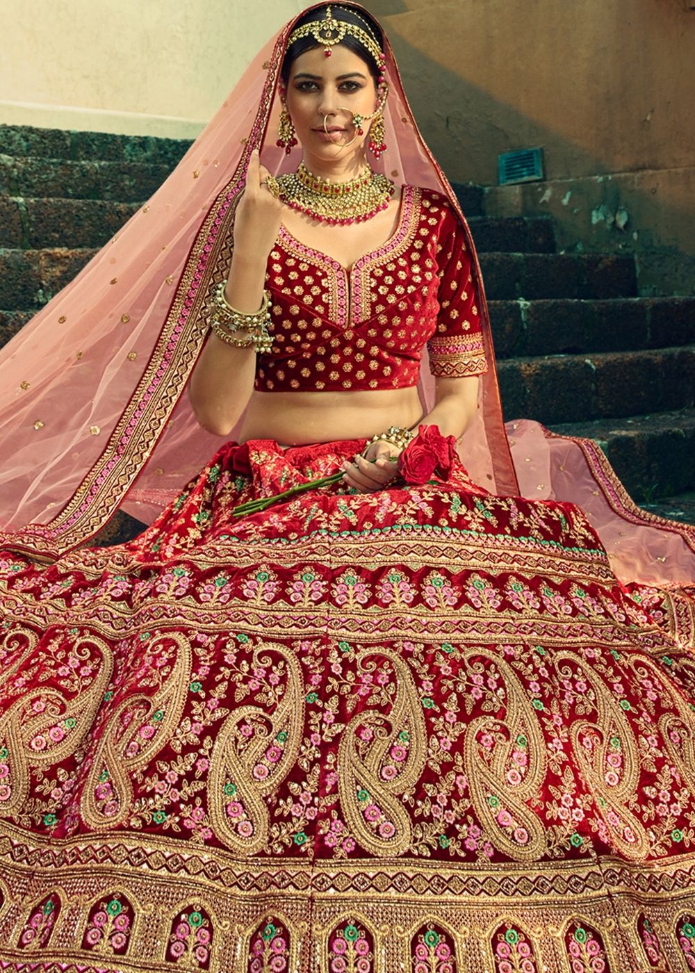 Sangria Red Bridal Velvet Lehenga Choli with Embroidery & Hand work