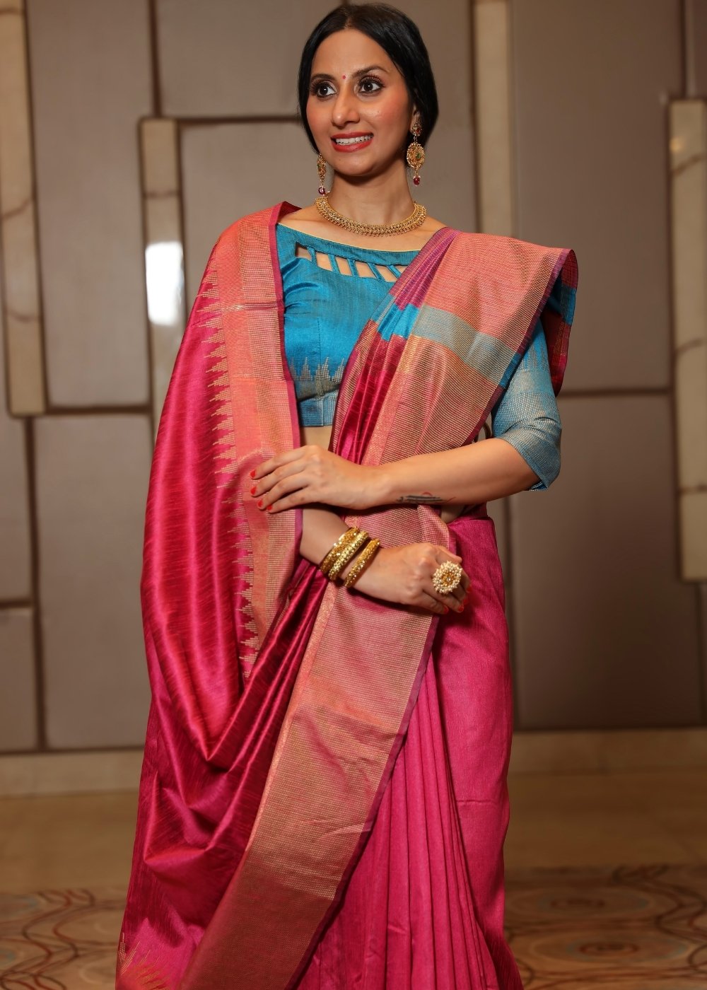 Hot Pink Art Silk Saree with Temple Border