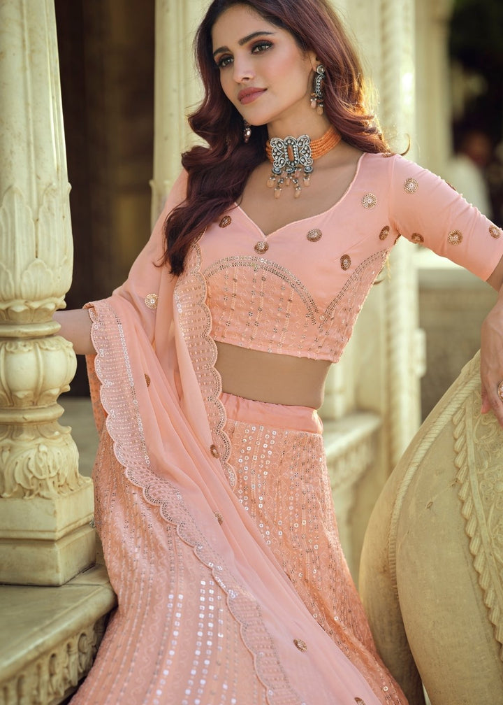 Salmon Pink Georgette Lehenga Choli with Sequins & Thread work