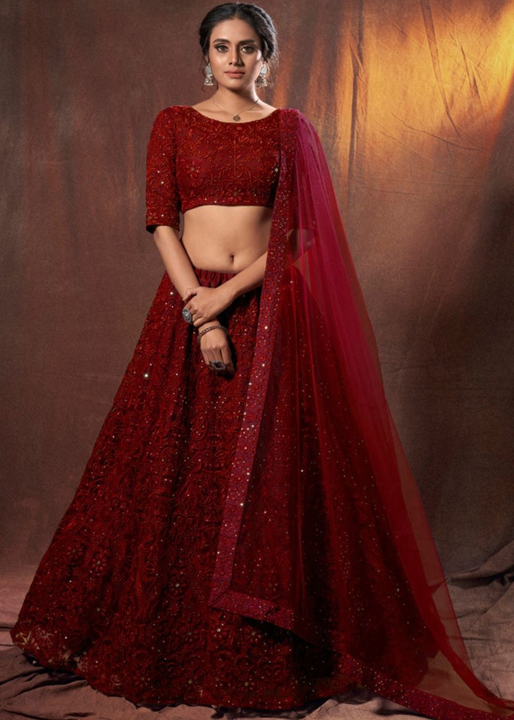 Barn Red Designer Soft Net Lehenga Choli with Thread & Sequins work