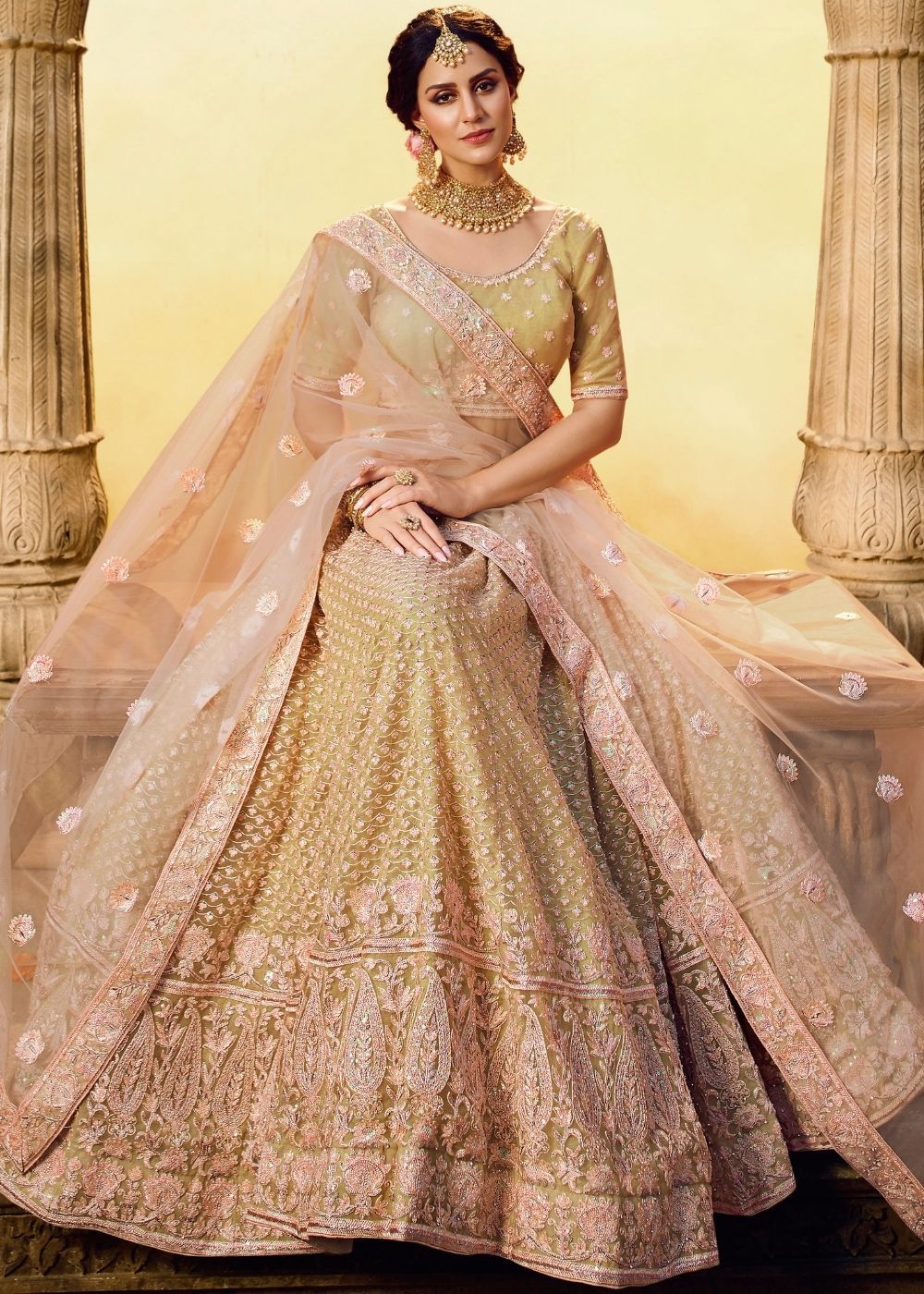 Golden Gota Silk and Soft Net Bridal Lehenga Choli with Resham Embroidery and Aari work