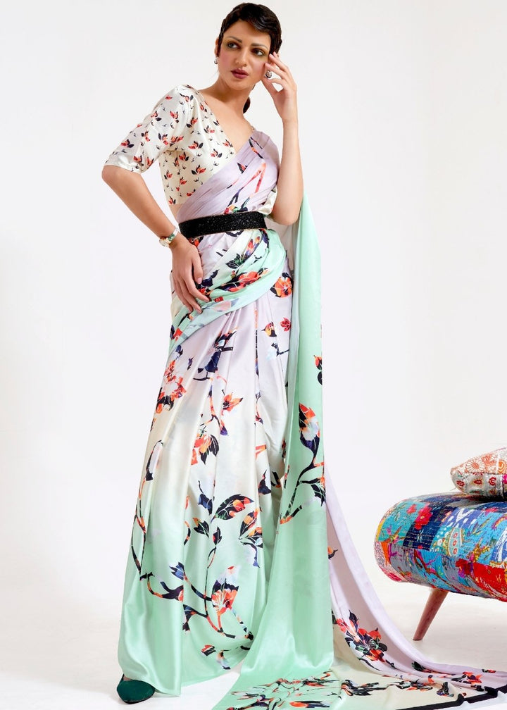 Multi Colored Digital Printed Satin Crepe Saree