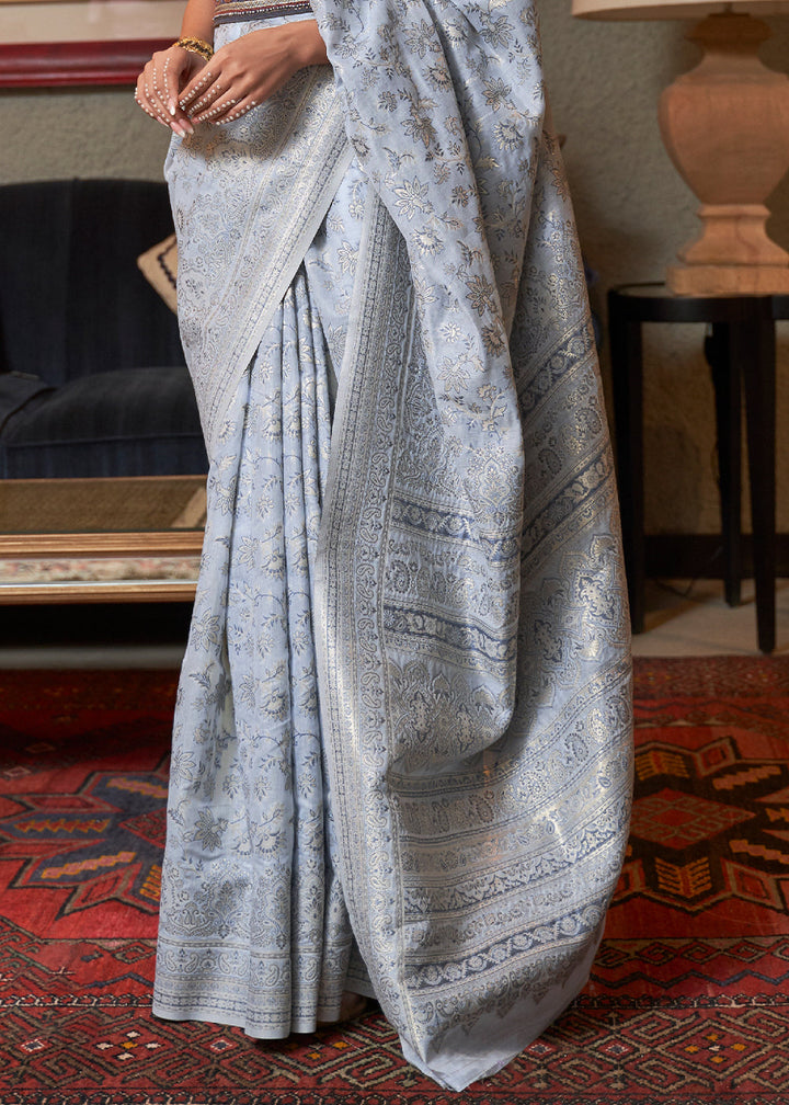 Silver Grey Kashmiri Woven Cotton Silk Saree