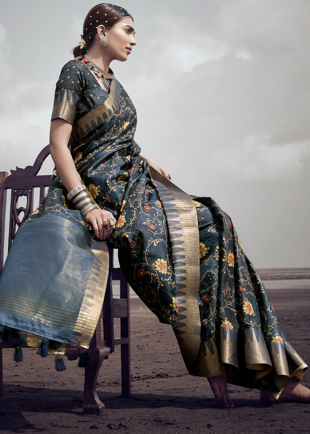 Anchor Grey Printed Designer Silk Saree with Weaving Border