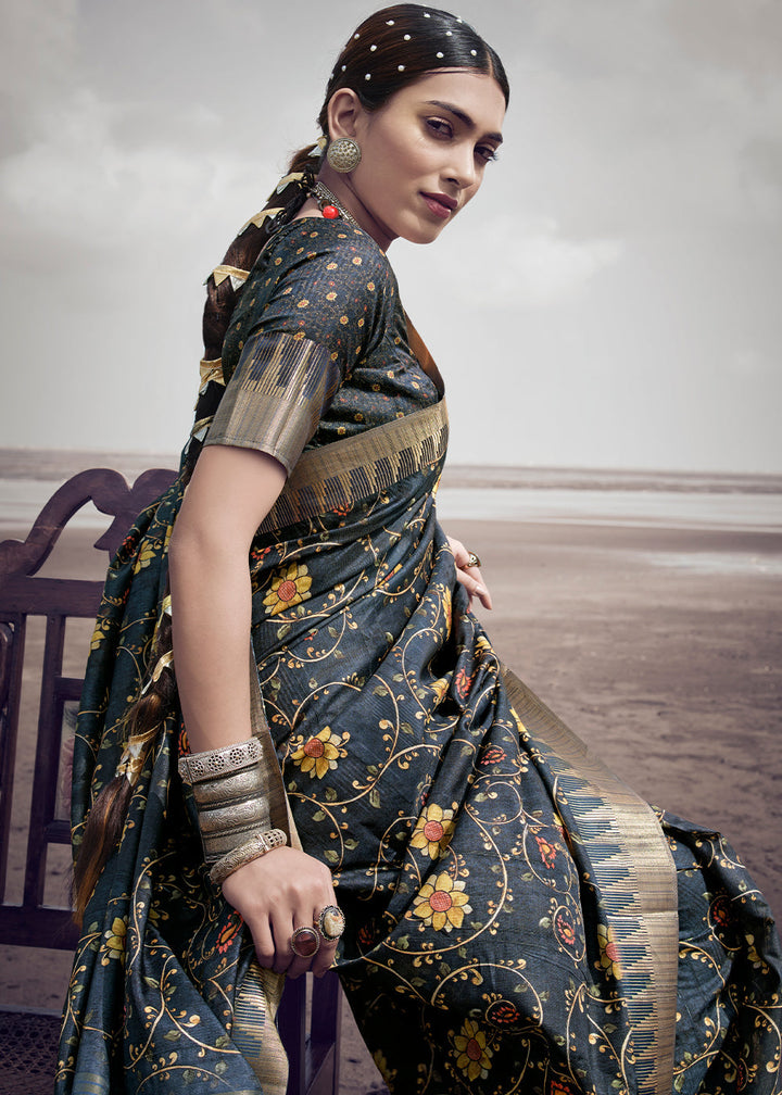 Anchor Grey Printed Designer Silk Saree with Weaving Border