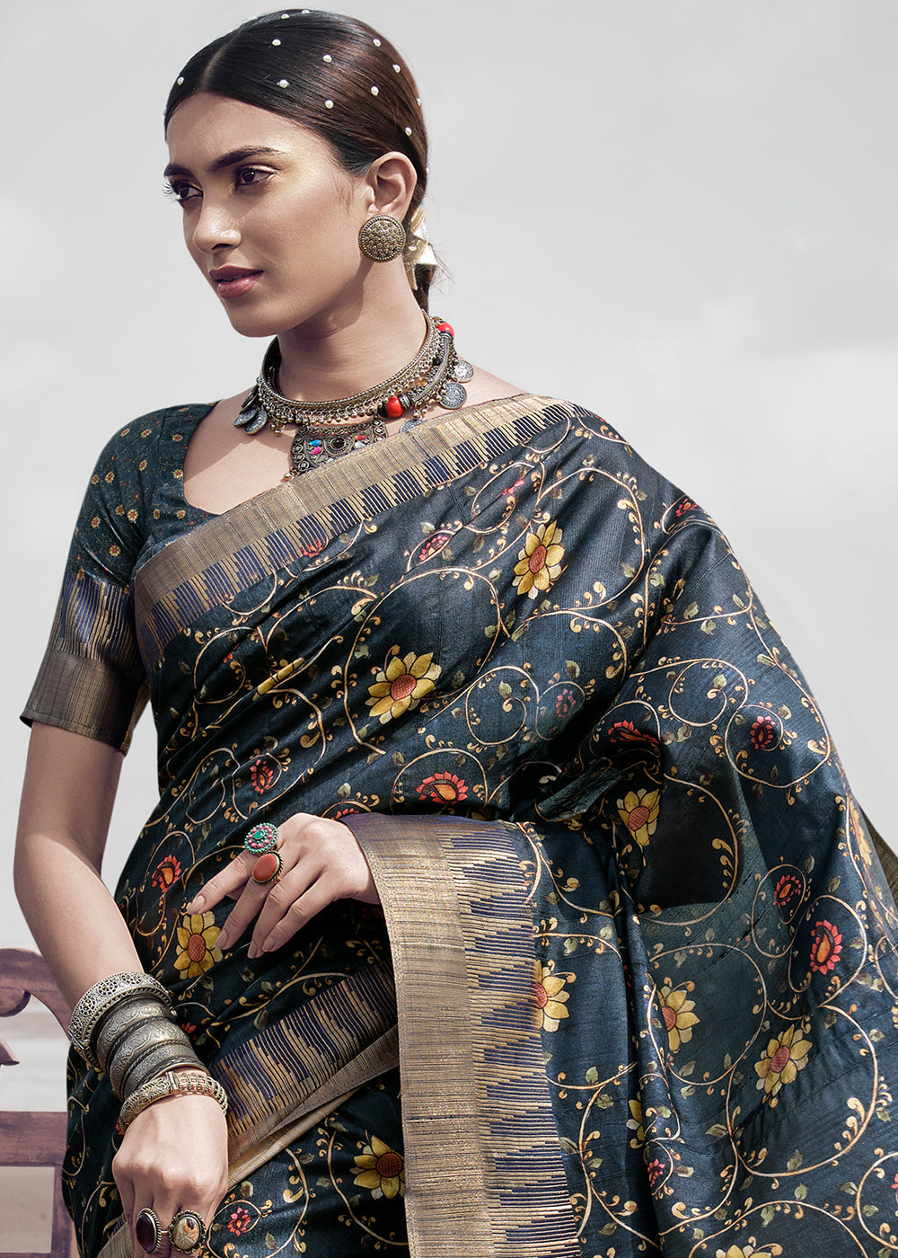 Anchor Grey Printed Designer Silk Saree with Weaving Border