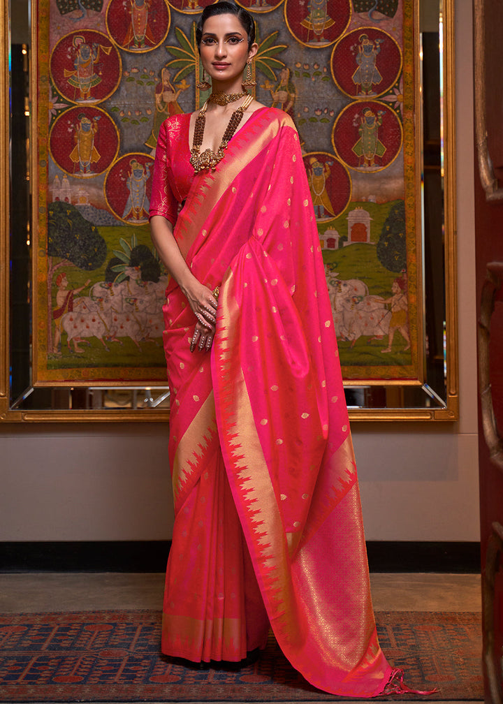 Strawberry Pink Handloom Woven Banarasi Silk Saree