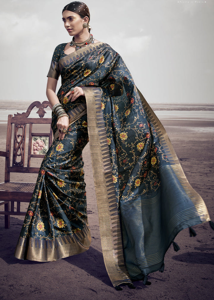 Anchor Grey Printed Designer Silk Saree with Weaving Border