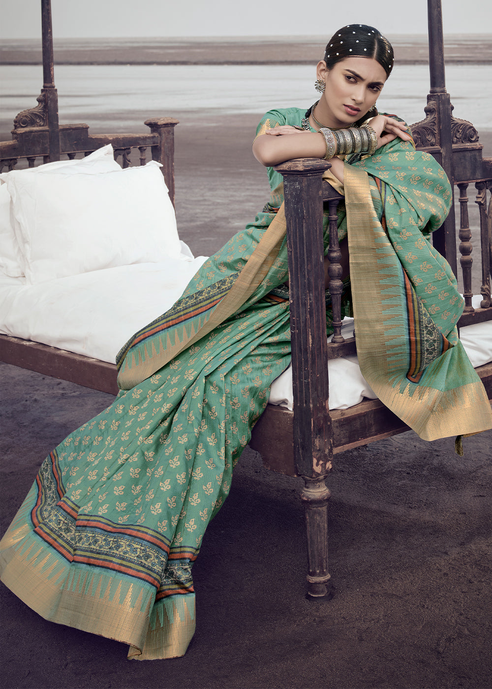 Jade Green Printed Designer Silk Saree with Weaving Border