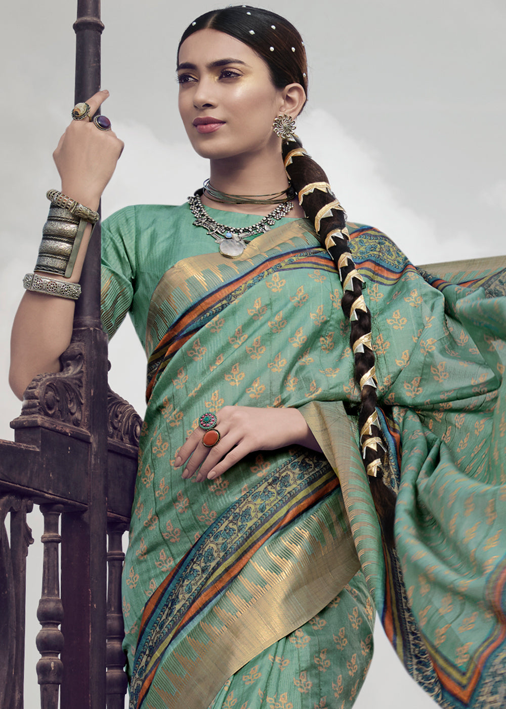 Jade Green Printed Designer Silk Saree with Weaving Border