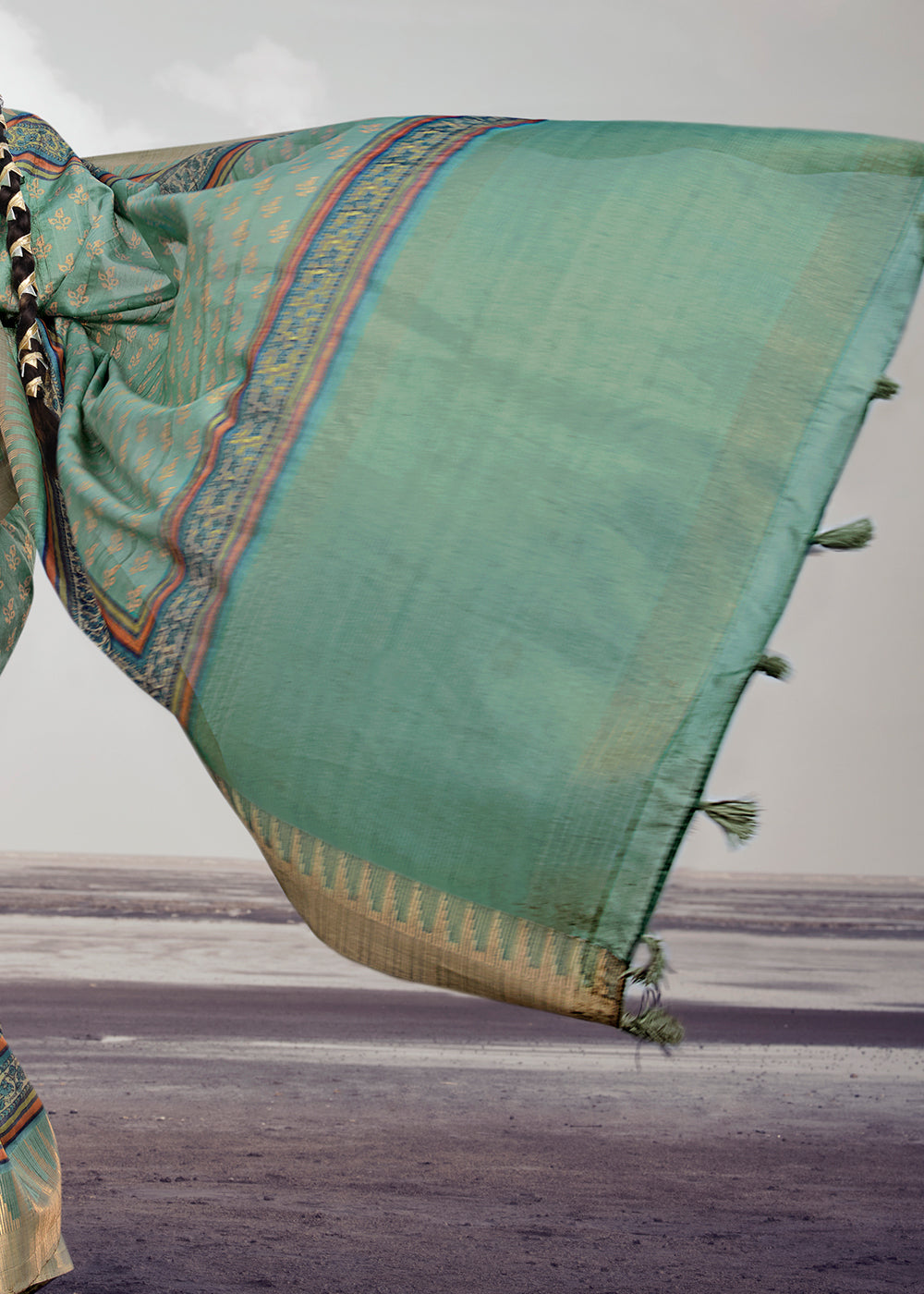 Jade Green Printed Designer Silk Saree with Weaving Border