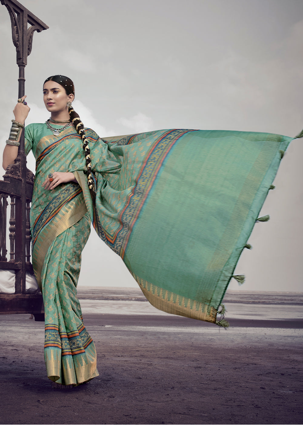 Jade Green Printed Designer Silk Saree with Weaving Border