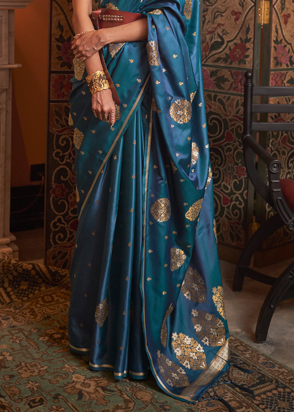 Cobalt Blue Copper Zari Woven Satin Silk Saree