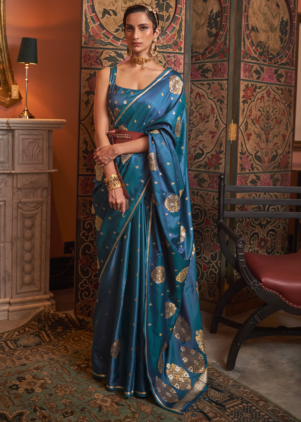 Cobalt Blue Copper Zari Woven Satin Silk Saree