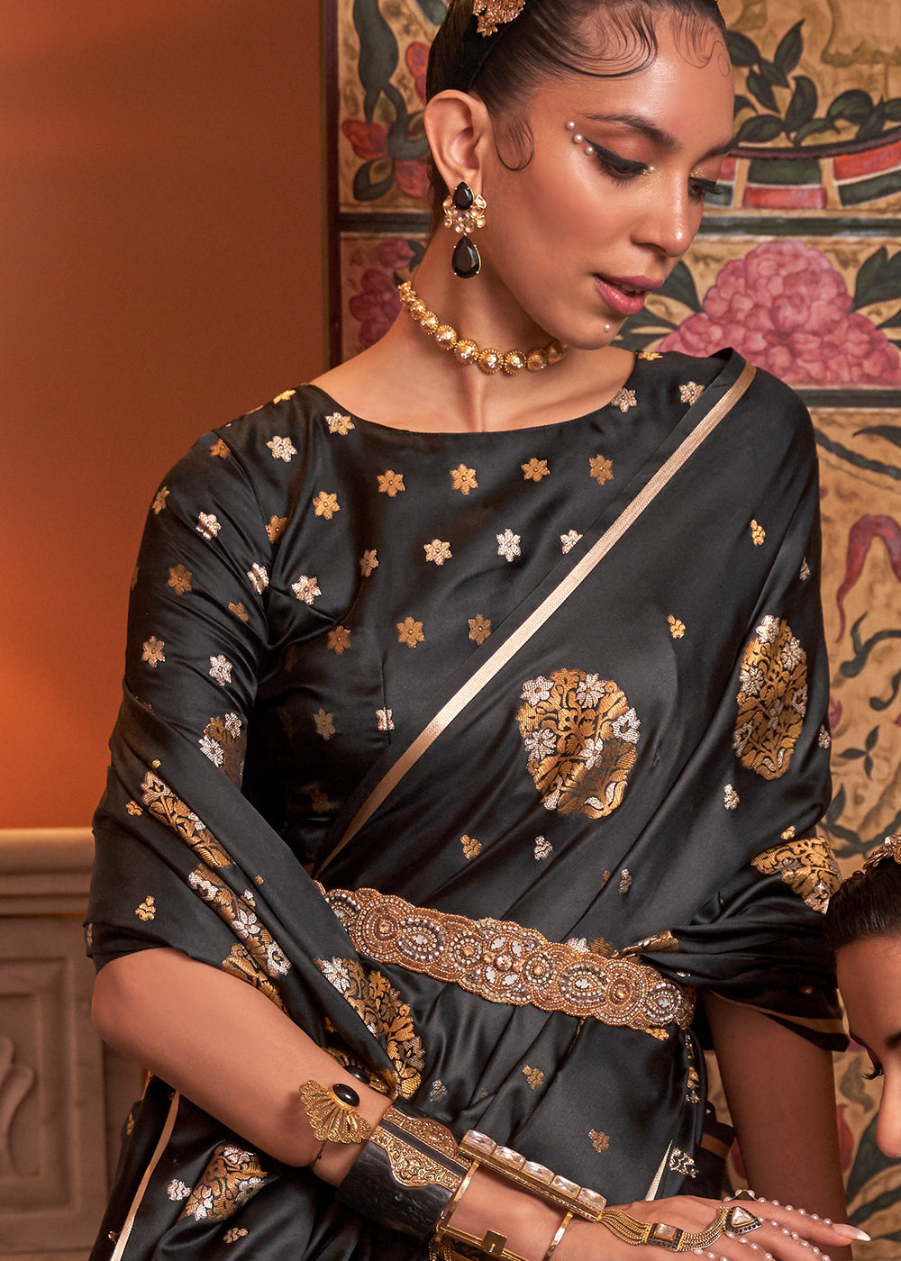 Onyx Black Copper Zari Woven Satin Silk Saree