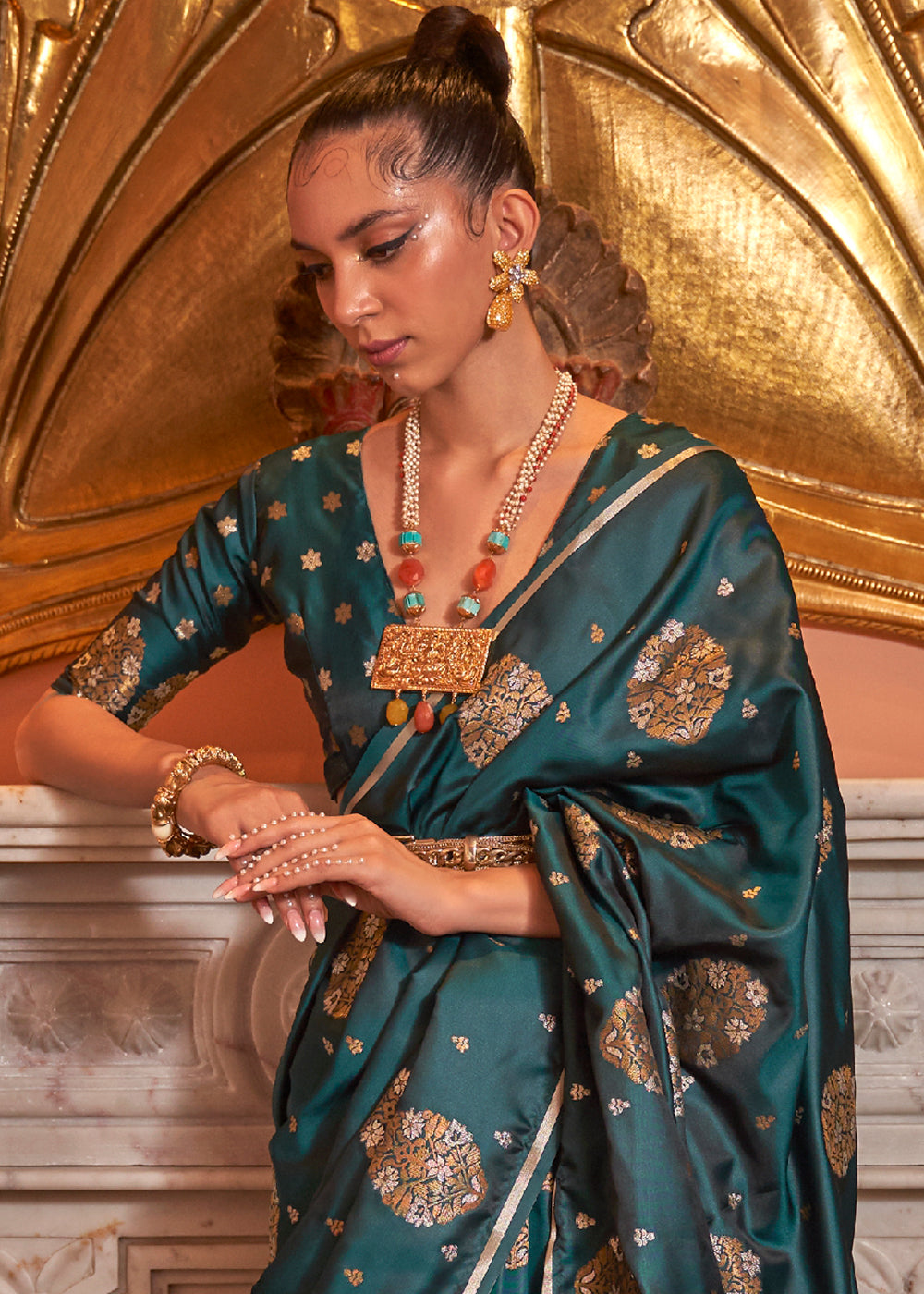 Peacock Green Copper Zari Woven Satin Silk Saree