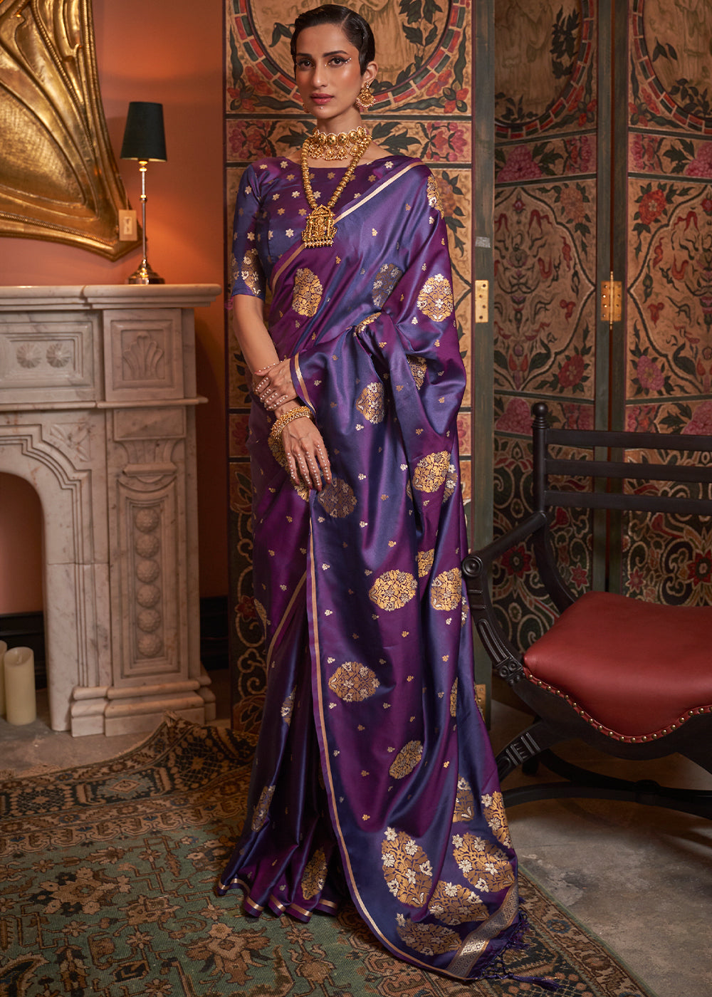 Grape Purple Copper Zari Woven Satin Silk Saree