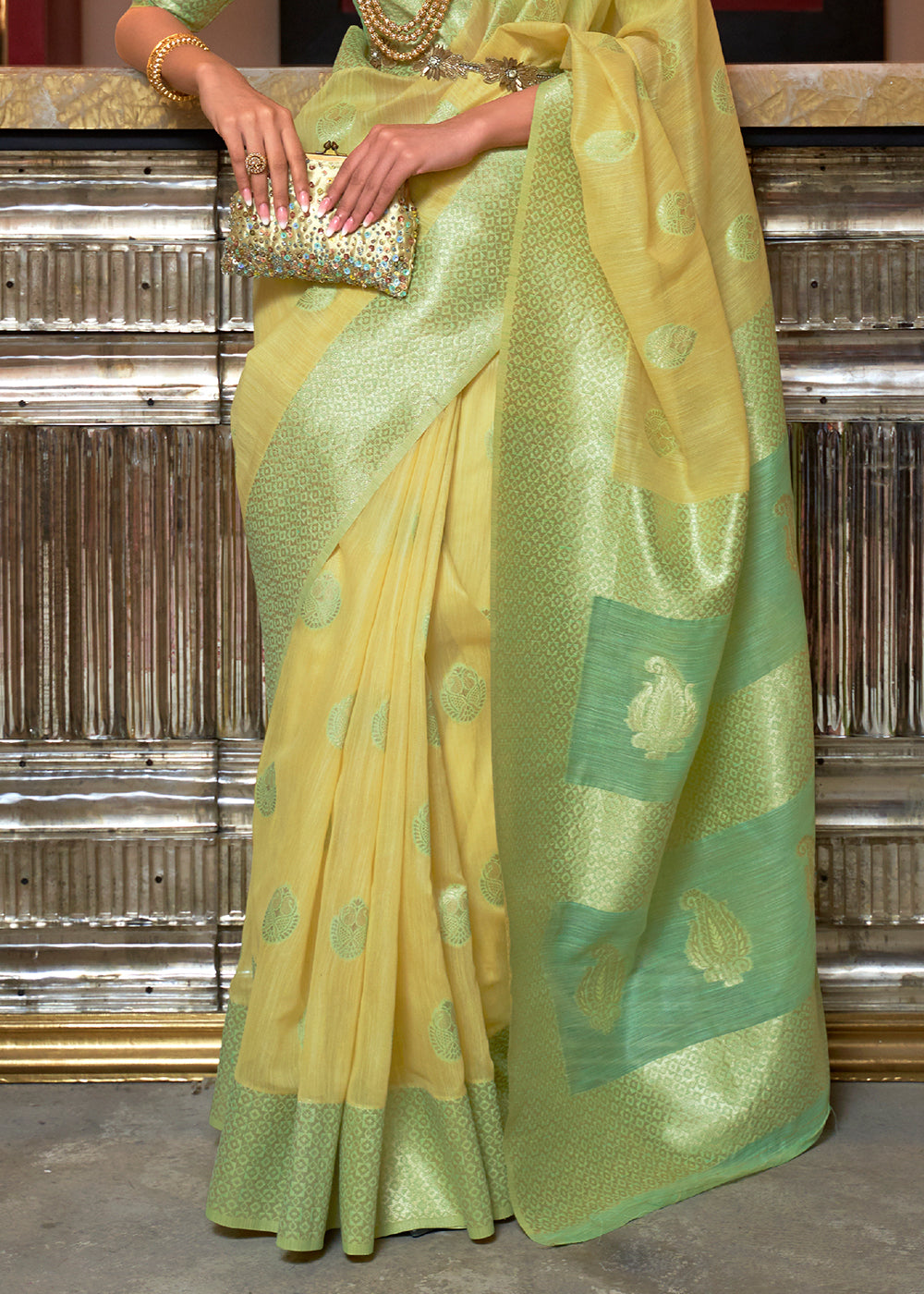 Blonde Yellow Woven Linen Silk Saree with Contrast Border & Pallu