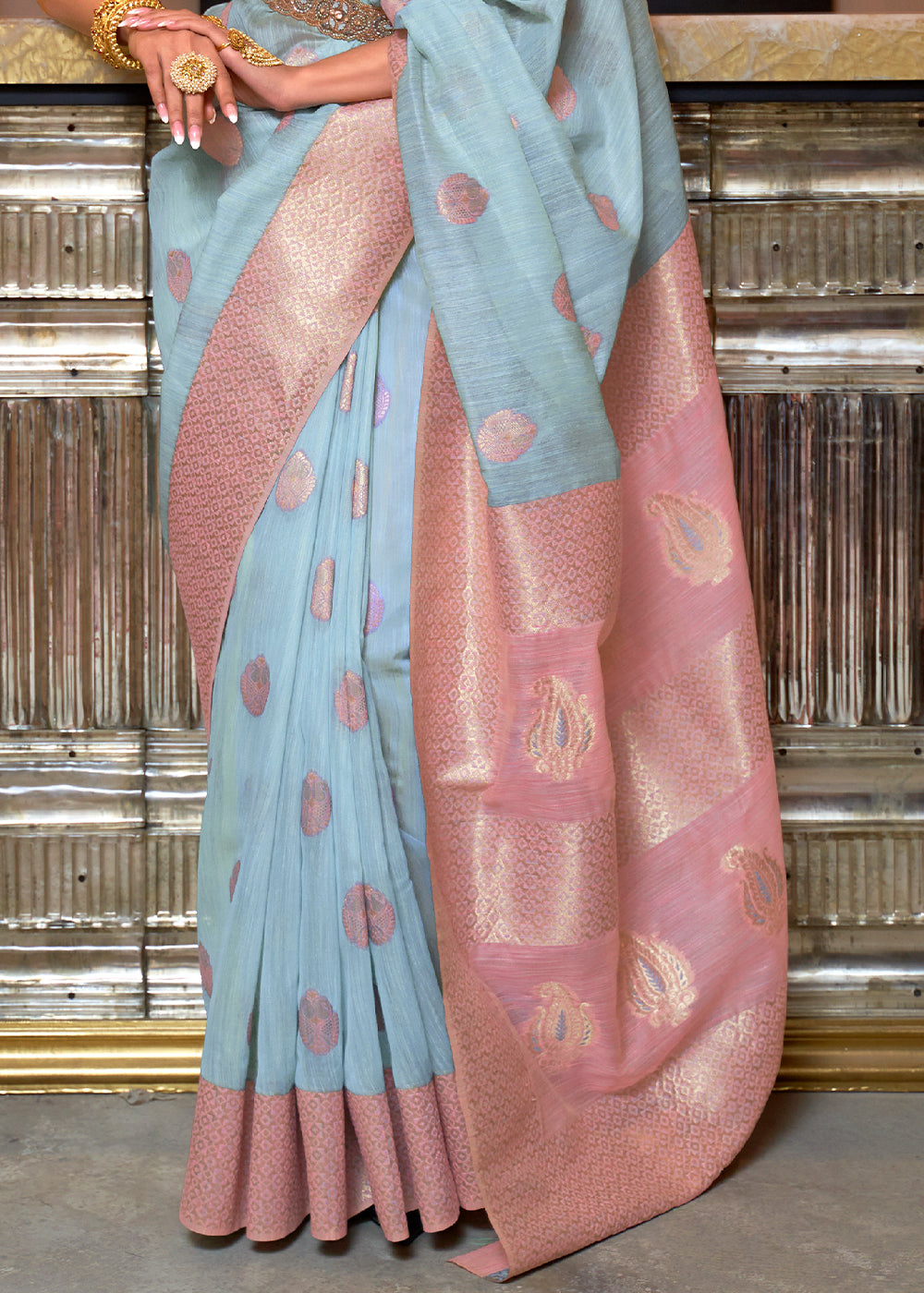 Sky Blue Woven Linen Silk Saree with Contrast Border & Pallu