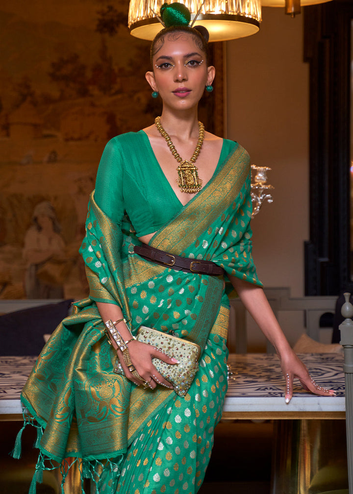 Jade Green Copper Zari Woven Banarasi Khaddi Silk Saree