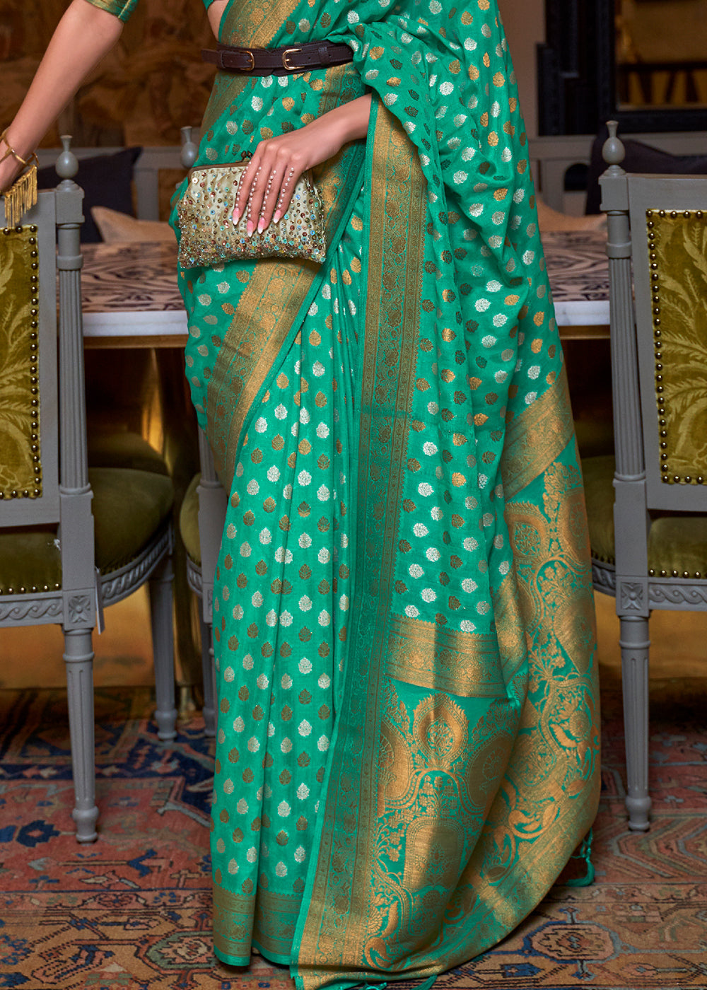 Jade Green Copper Zari Woven Banarasi Khaddi Silk Saree