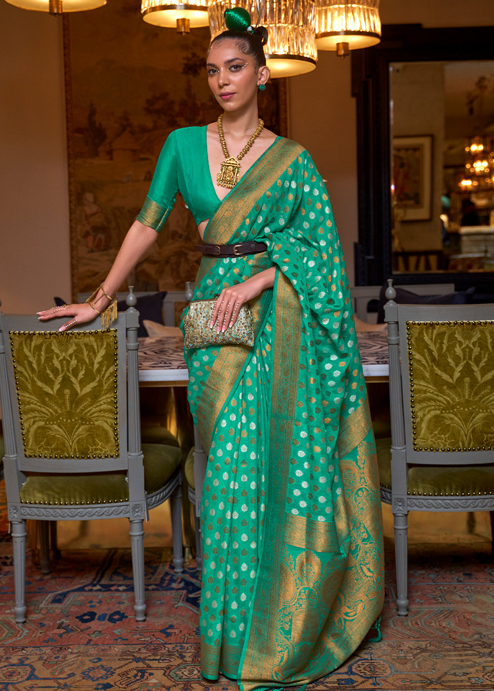 Jade Green Copper Zari Woven Banarasi Khaddi Silk Saree