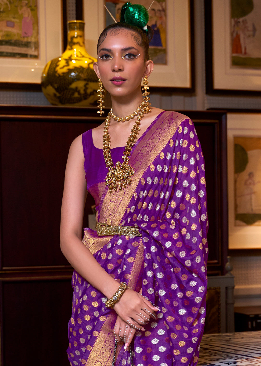 Irish Purple Copper Zari Woven Banarasi Khaddi Silk Saree