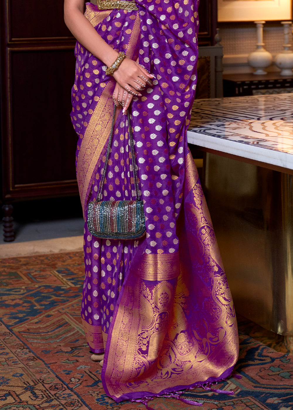 Irish Purple Copper Zari Woven Banarasi Khaddi Silk Saree