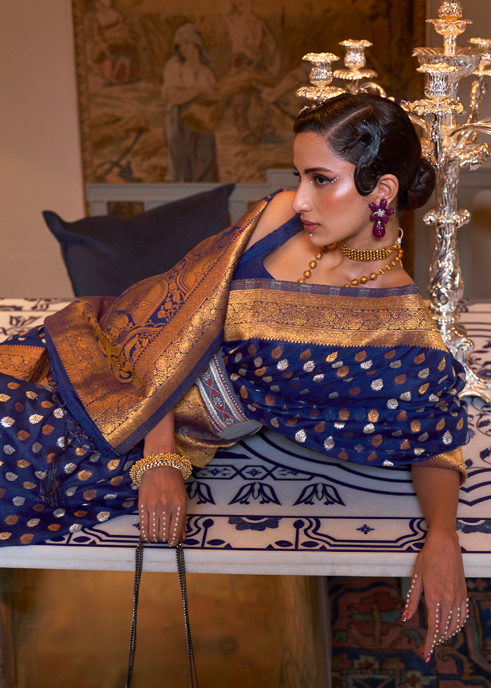 Berry Blue Copper Zari Woven Banarasi Khaddi Silk Saree