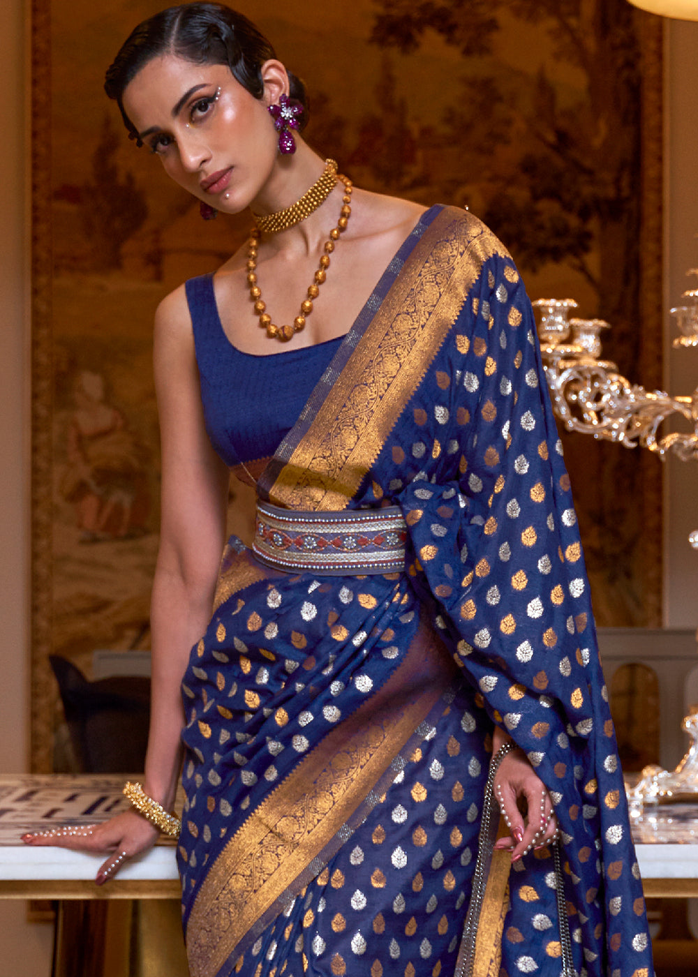 Berry Blue Copper Zari Woven Banarasi Khaddi Silk Saree