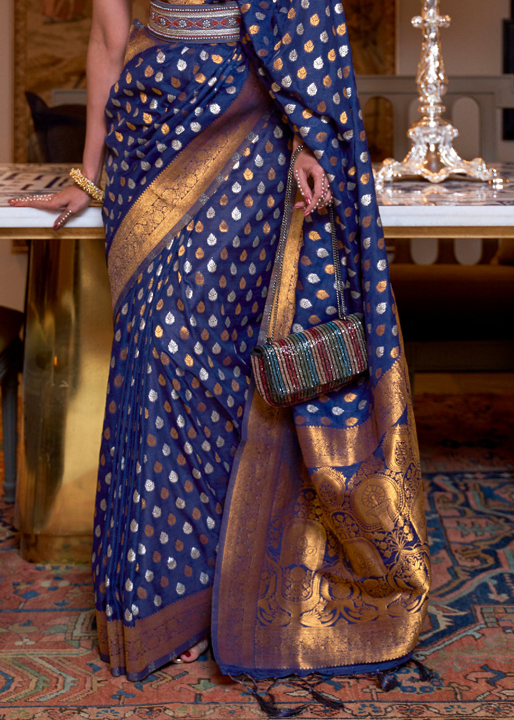 Berry Blue Copper Zari Woven Banarasi Khaddi Silk Saree