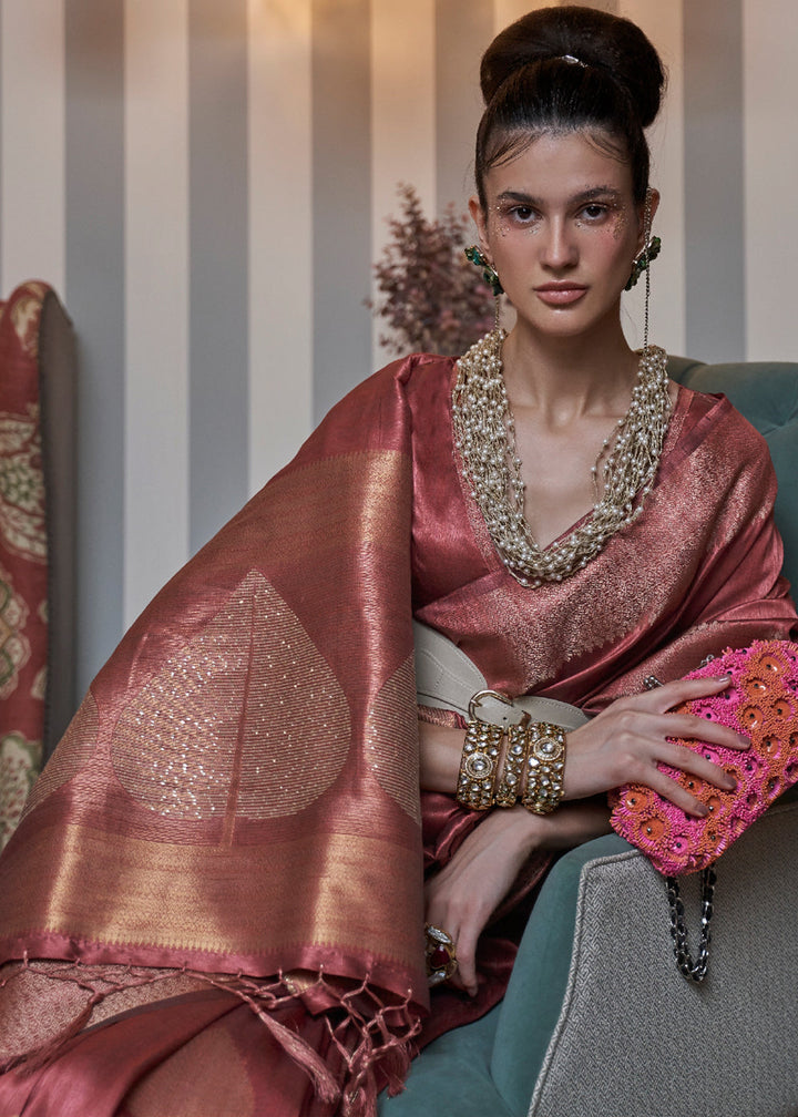 Berry Red Copper Zari Woven Silk Saree with Sequence work