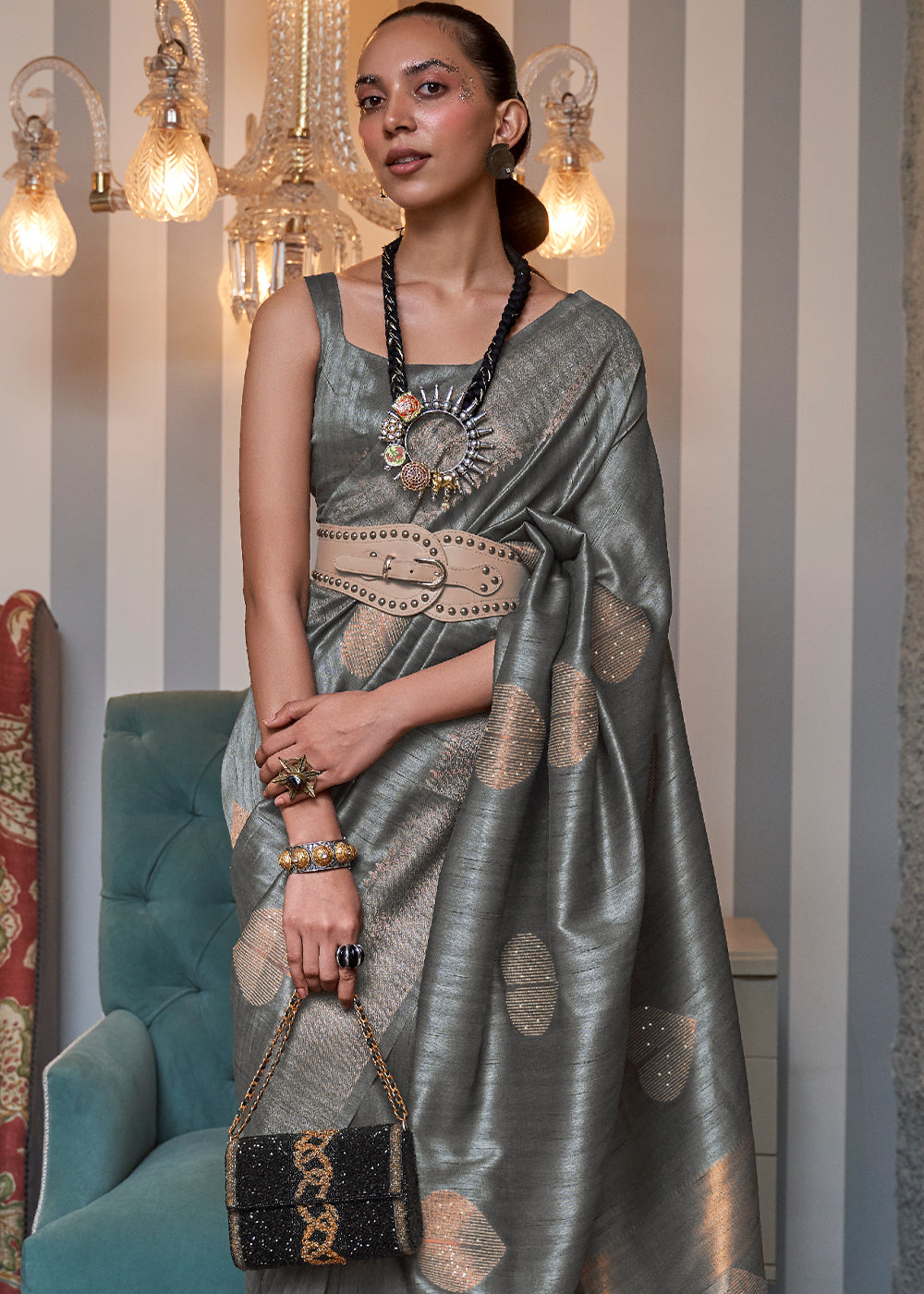 Steel Grey Copper Zari Woven Silk Saree with Sequence work