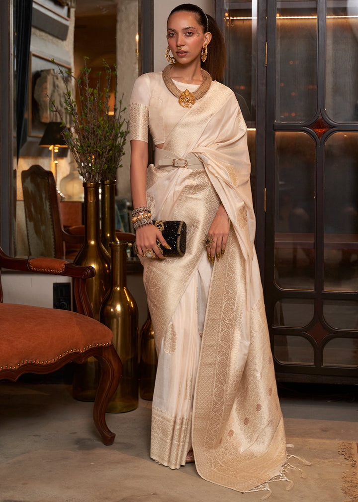 Ivory White Woven Khaddi Georgette Silk Saree : Top Pick