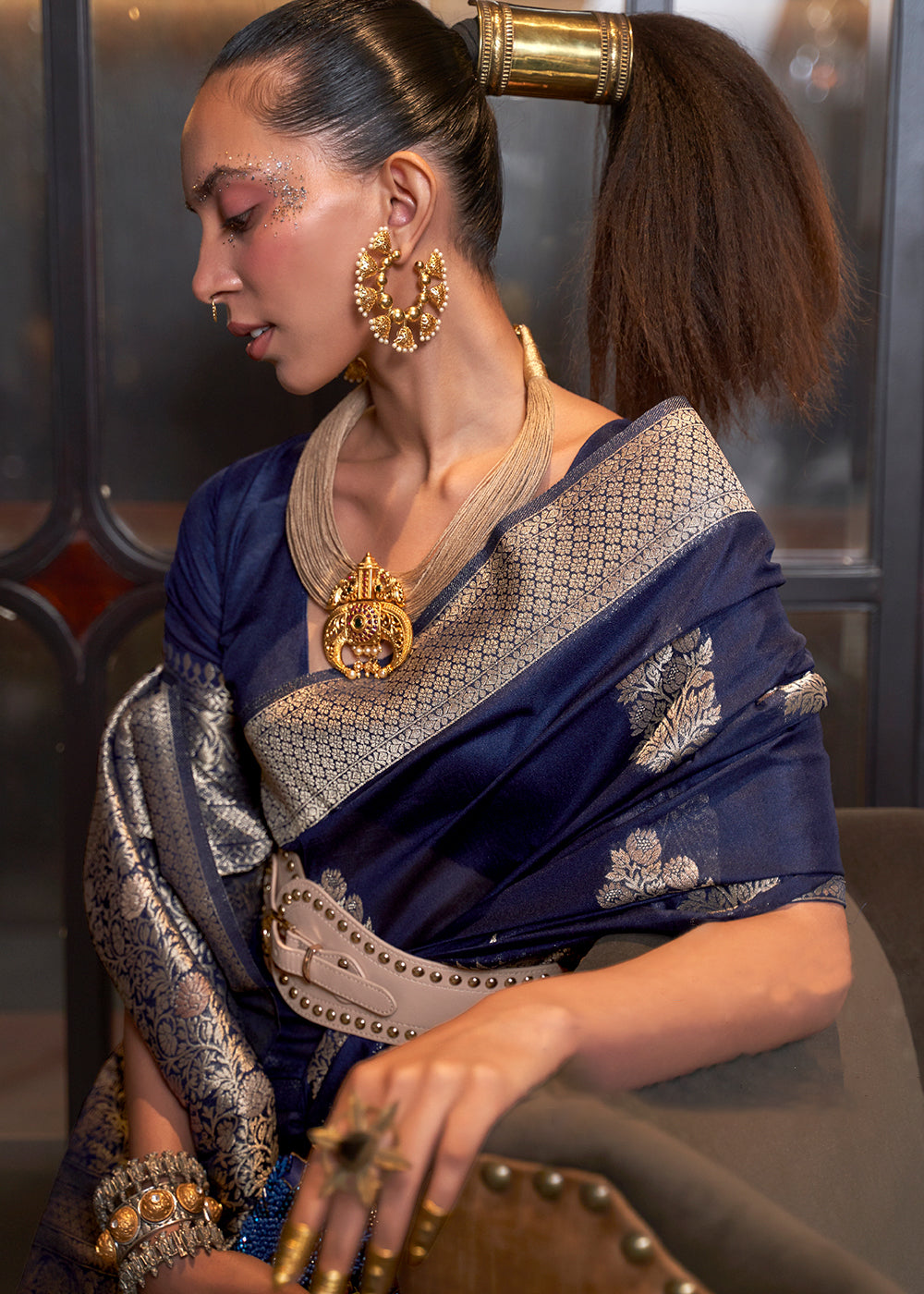 Indigo Blue Woven Khaddi Georgette Silk Saree