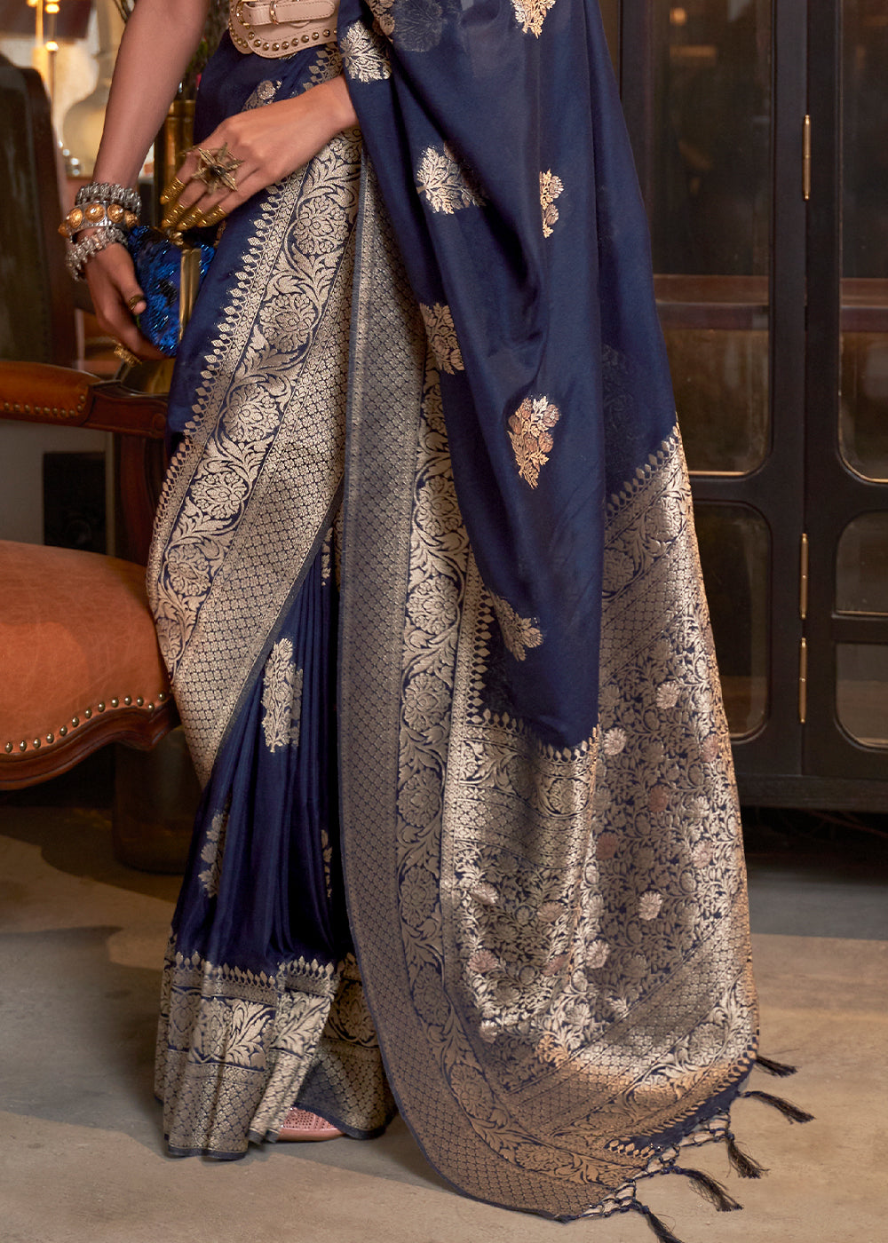 Indigo Blue Woven Khaddi Georgette Silk Saree