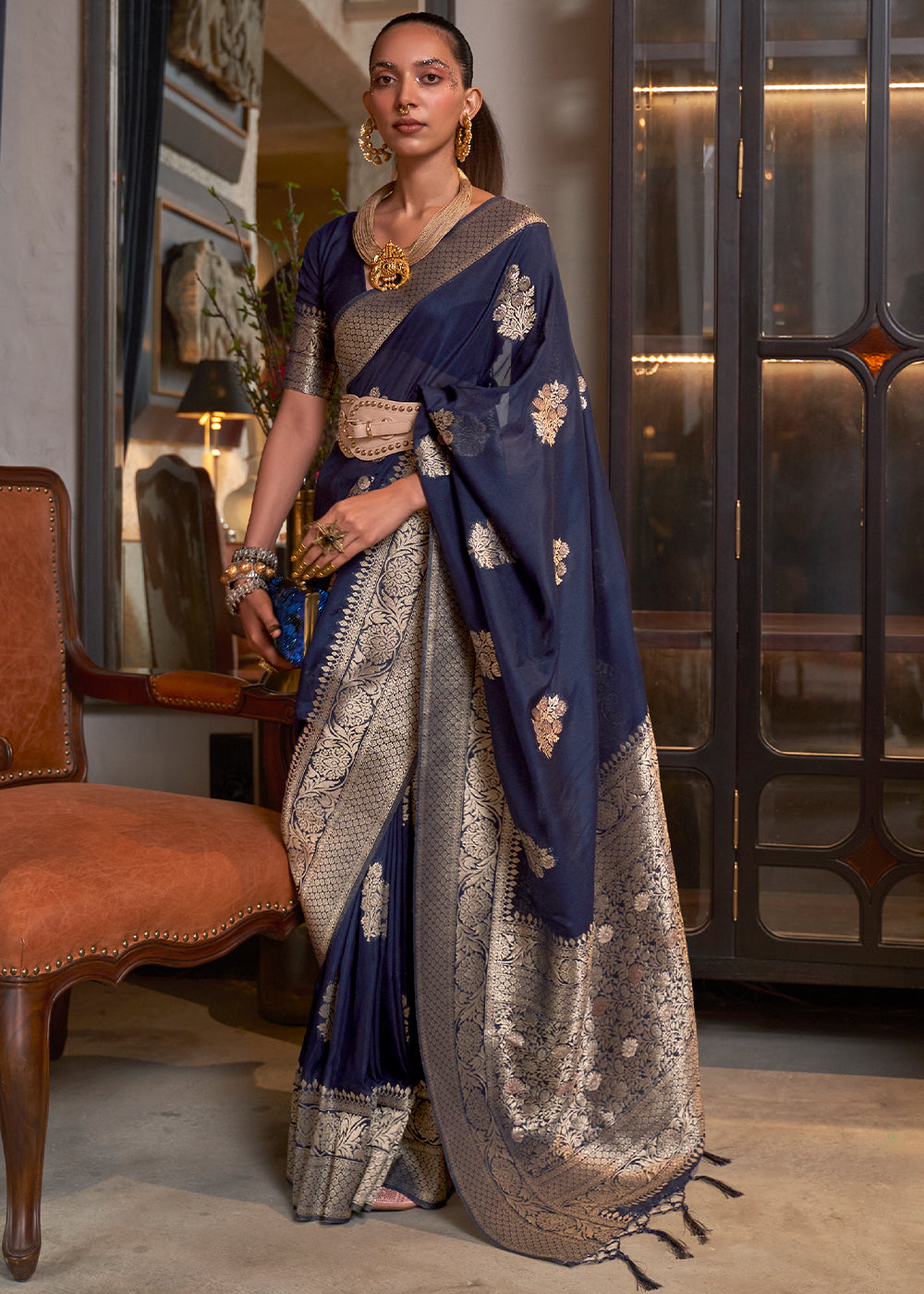 Indigo Blue Woven Khaddi Georgette Silk Saree