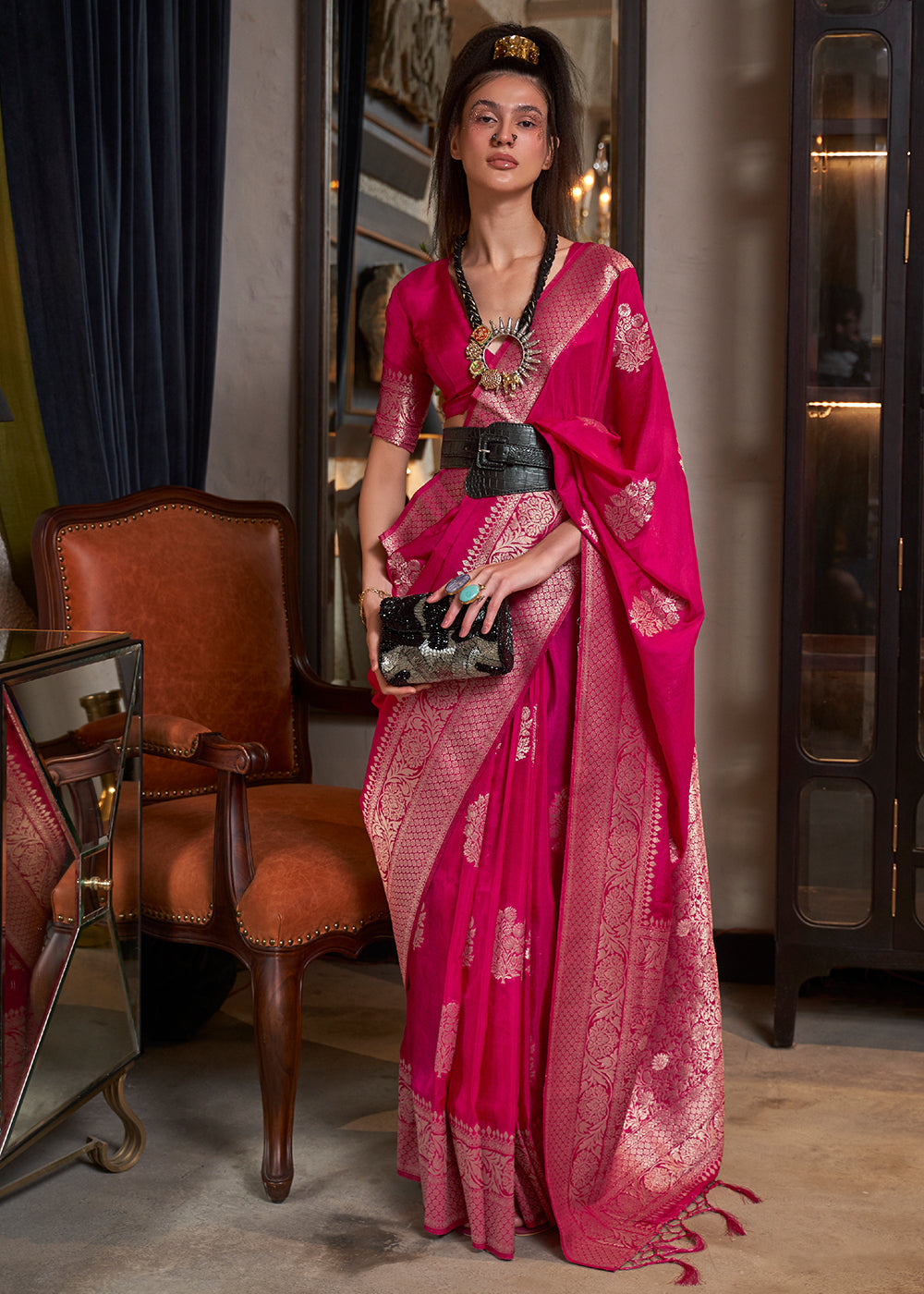 Cerise Pink Woven Khaddi Georgette Silk Saree