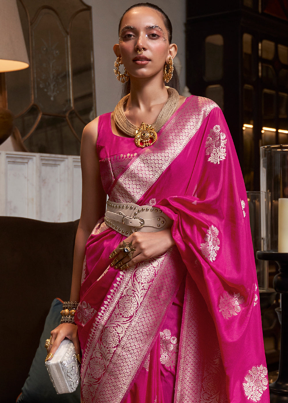 Hot Pink Woven Khaddi Georgette Silk Saree