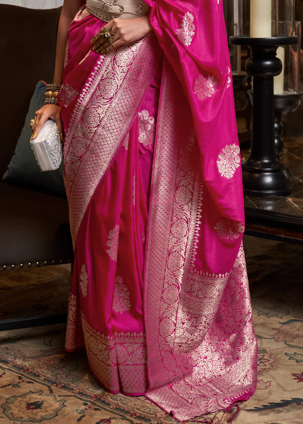 Hot Pink Woven Khaddi Georgette Silk Saree